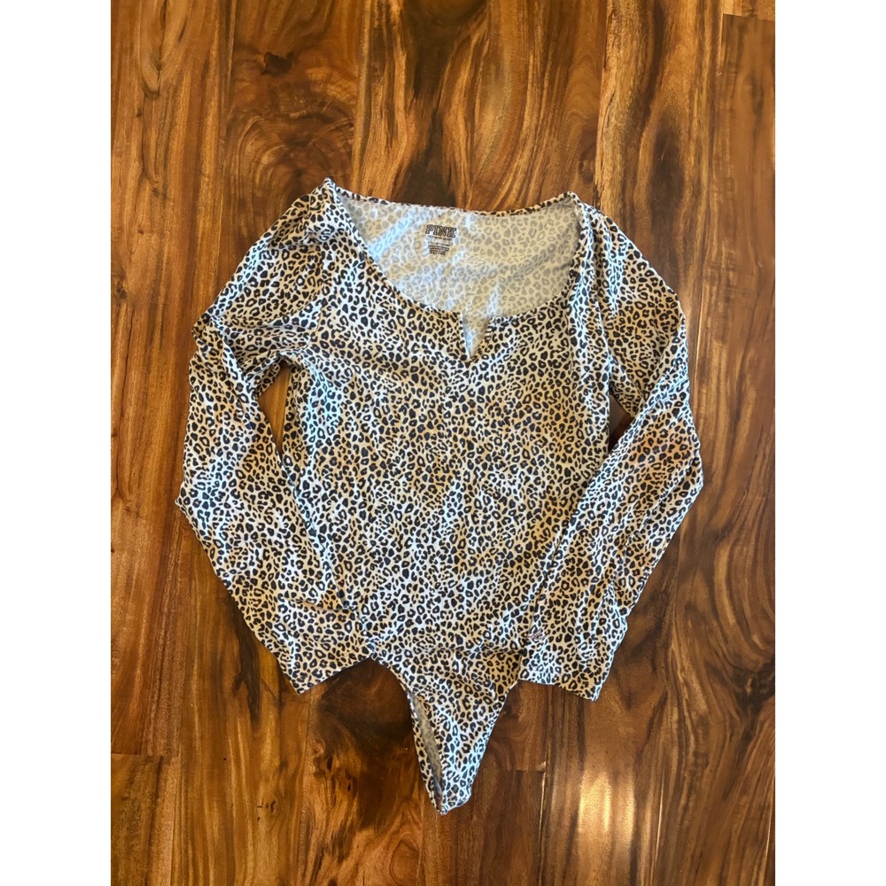 PINK Victoria's Secret Leopard Print Long Sleeve Bodysuit Small Tan Brown Notch